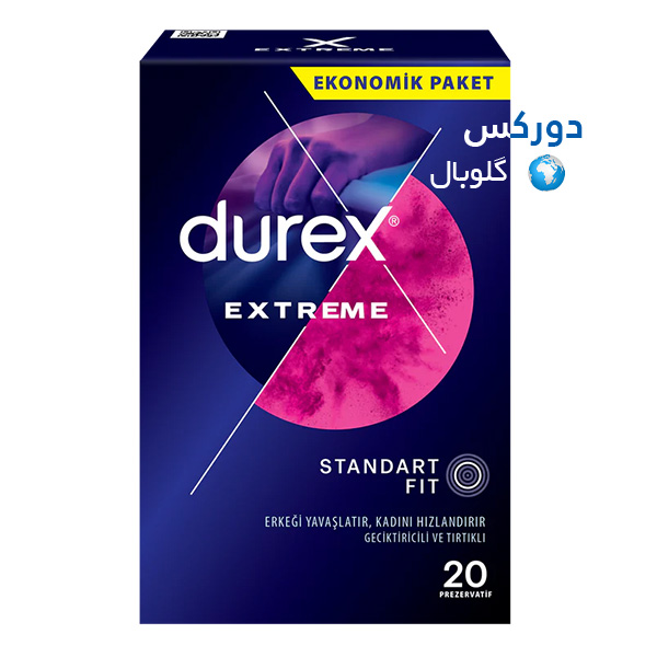 تصویر بسته‌بندی کاندوم خاردار و شیاردار دورکس مدل Extreme بسته 20 عددی با خاصیت تأخیر در انزال و حاوی روان‌کننده سیلیکونی