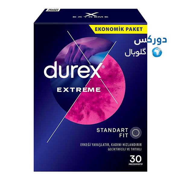 تصویر بسته‌بندی کاندوم خاردار و شیاردار دورکس مدل Extreme بسته 30 عددی با خاصیت تأخیر در انزال و حاوی روان‌کننده سیلیکونی